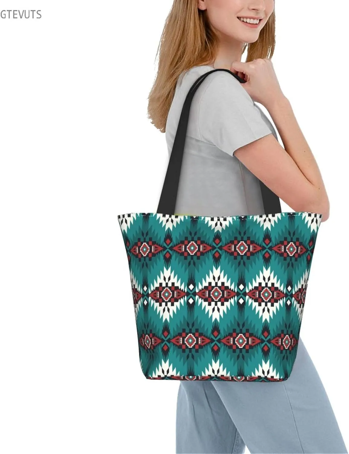 GTEVUTS Southwest Native American Grocery Tote Bag with Zipper for Women- Reusable Tote Handbags Shoulder Bag Shopping Beach