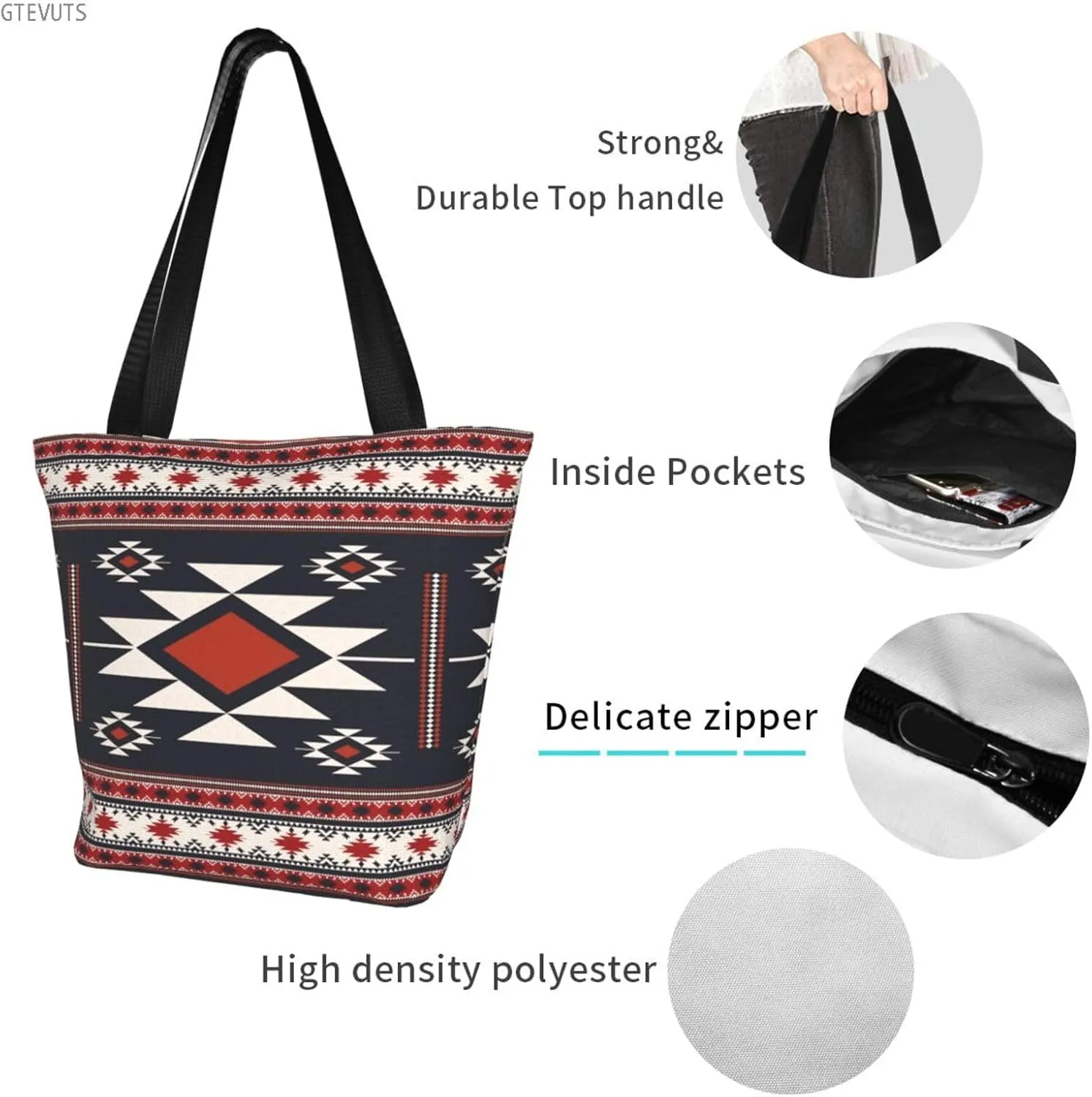 GTEVUTS Southwest Native American Grocery Tote Bag with Zipper for Women- Reusable Tote Handbags Shoulder Bag Shopping Beach