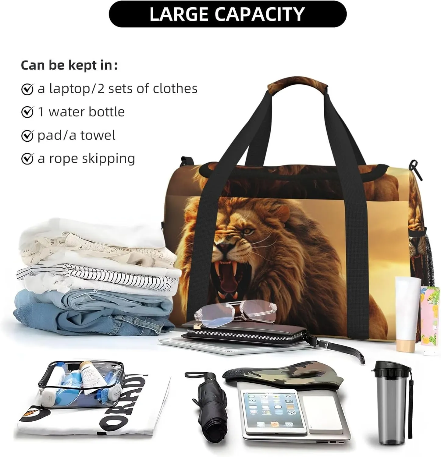 Gym Bag Angry Roaring Lion Duffel Bag for Men Women Travel Overnight Bag with Shoe Compartment Workout Bags