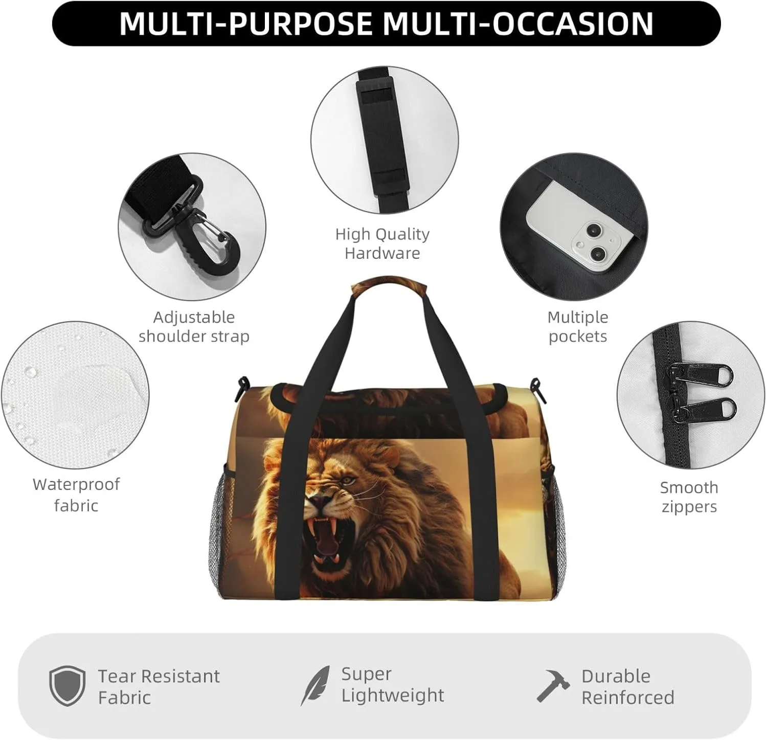 Gym Bag Angry Roaring Lion Duffel Bag for Men Women Travel Overnight Bag with Shoe Compartment Workout Bags