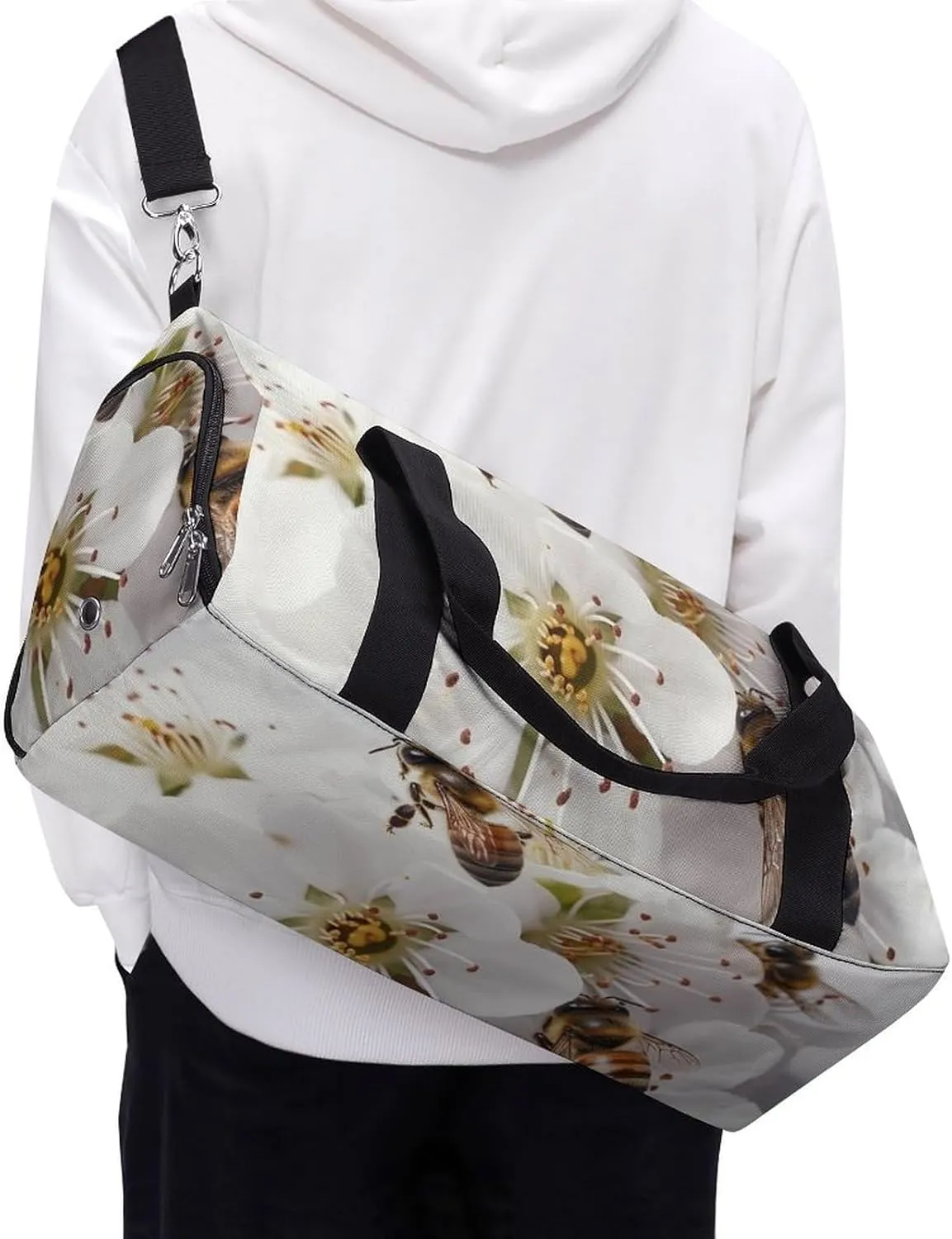 Gym Bag Bees Around Flowers Duffel Bag for Men Women Travel Overnight Bag with Shoe Compartment Workout Bags