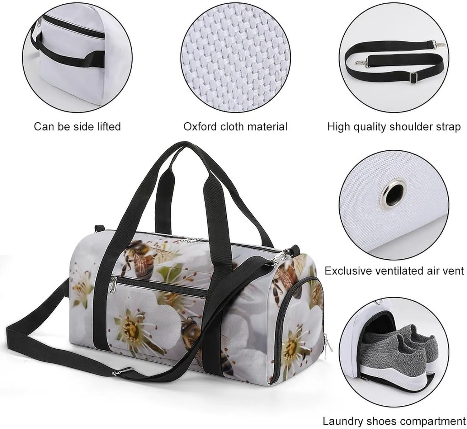 Gym Bag Bees Around Flowers Duffel Bag for Men Women Travel Overnight Bag with Shoe Compartment Workout Bags