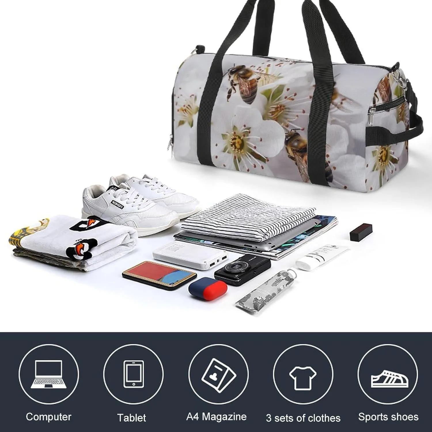 Gym Bag Bees Around Flowers Duffel Bag for Men Women Travel Overnight Bag with Shoe Compartment Workout Bags
