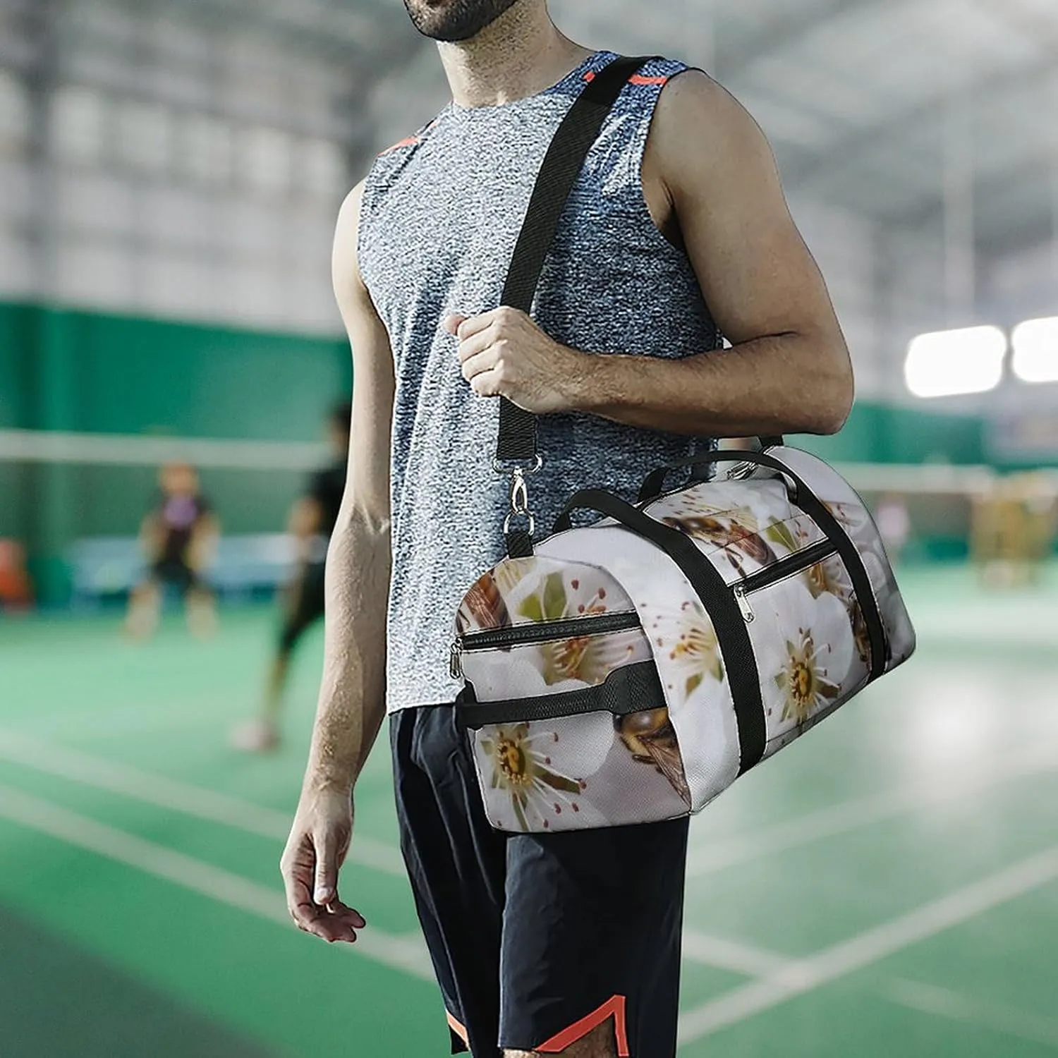Gym Bag Bees Around Flowers Duffel Bag for Men Women Travel Overnight Bag with Shoe Compartment Workout Bags
