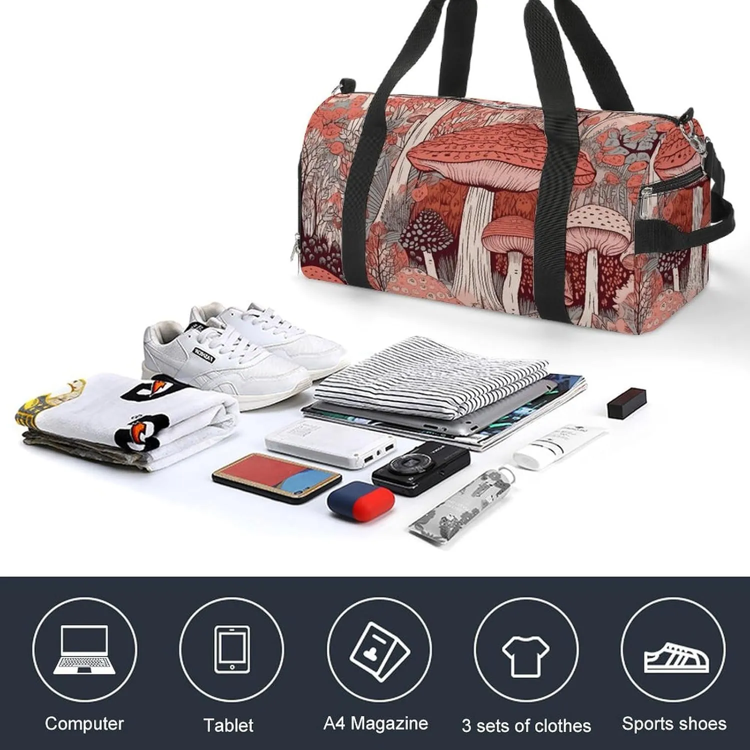 Gym Bag Cartoon Mushroom Duffel Bag for Men Women Overnight Bag with Shoe Compartment Workout Bags