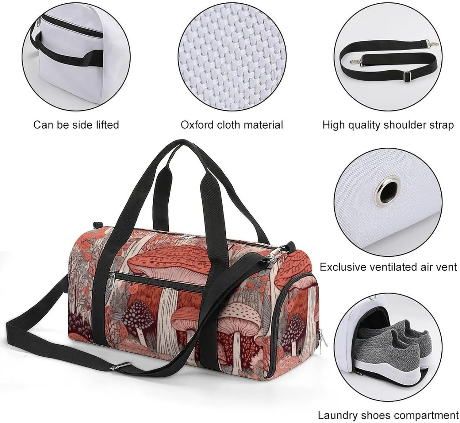 Gym Bag Cartoon Mushroom Duffel Bag for Men Women Overnight Bag with Shoe Compartment Workout Bags