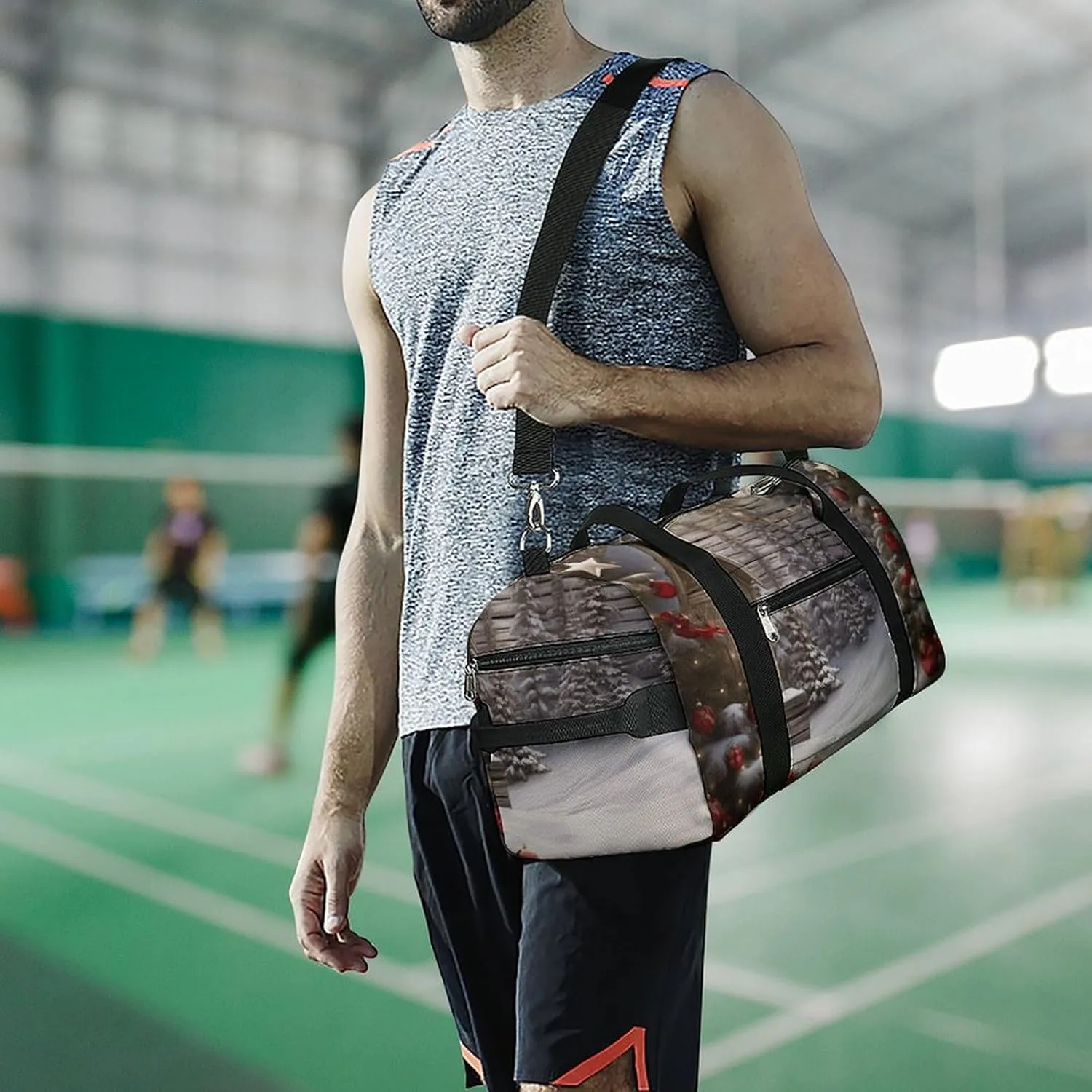 Gym Bag Christmas Wood Duffel Bag for Men Women Travel Overnight Bag with Shoe Compartment Workout Bags