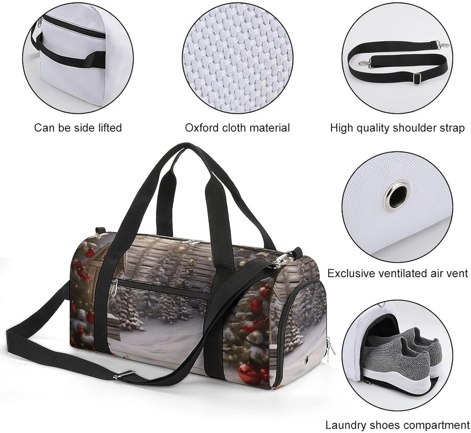 Gym Bag Christmas Wood Duffel Bag for Men Women Travel Overnight Bag with Shoe Compartment Workout Bags