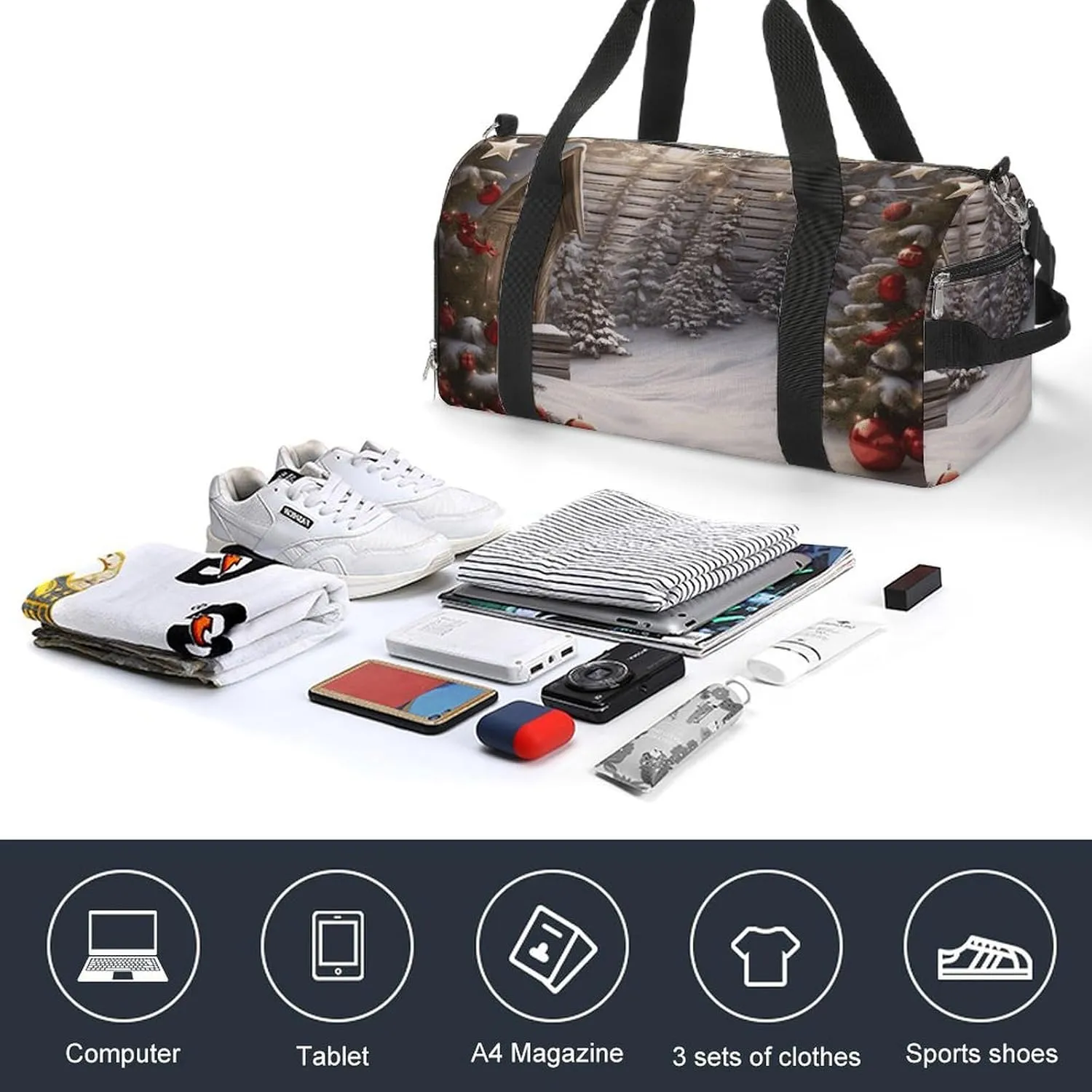 Gym Bag Christmas Wood Duffel Bag for Men Women Travel Overnight Bag with Shoe Compartment Workout Bags