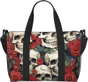 Gym Bag Cool Skull head and Roses Duffel Bag for Men Women Travel Overnight Bag with Shoe Compartment Workout Bags