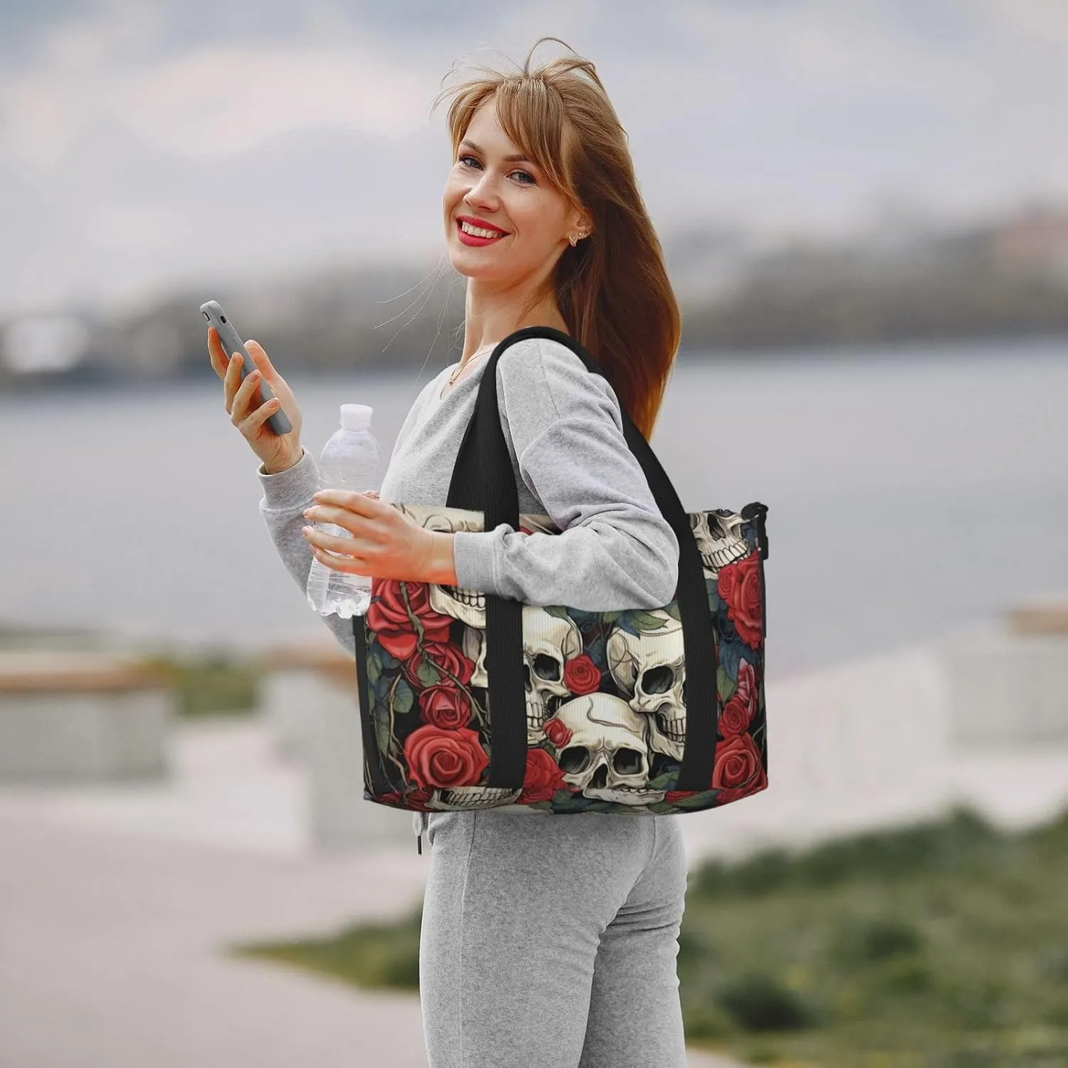 Gym Bag Cool Skull head and Roses Duffel Bag for Men Women Travel Overnight Bag with Shoe Compartment Workout Bags
