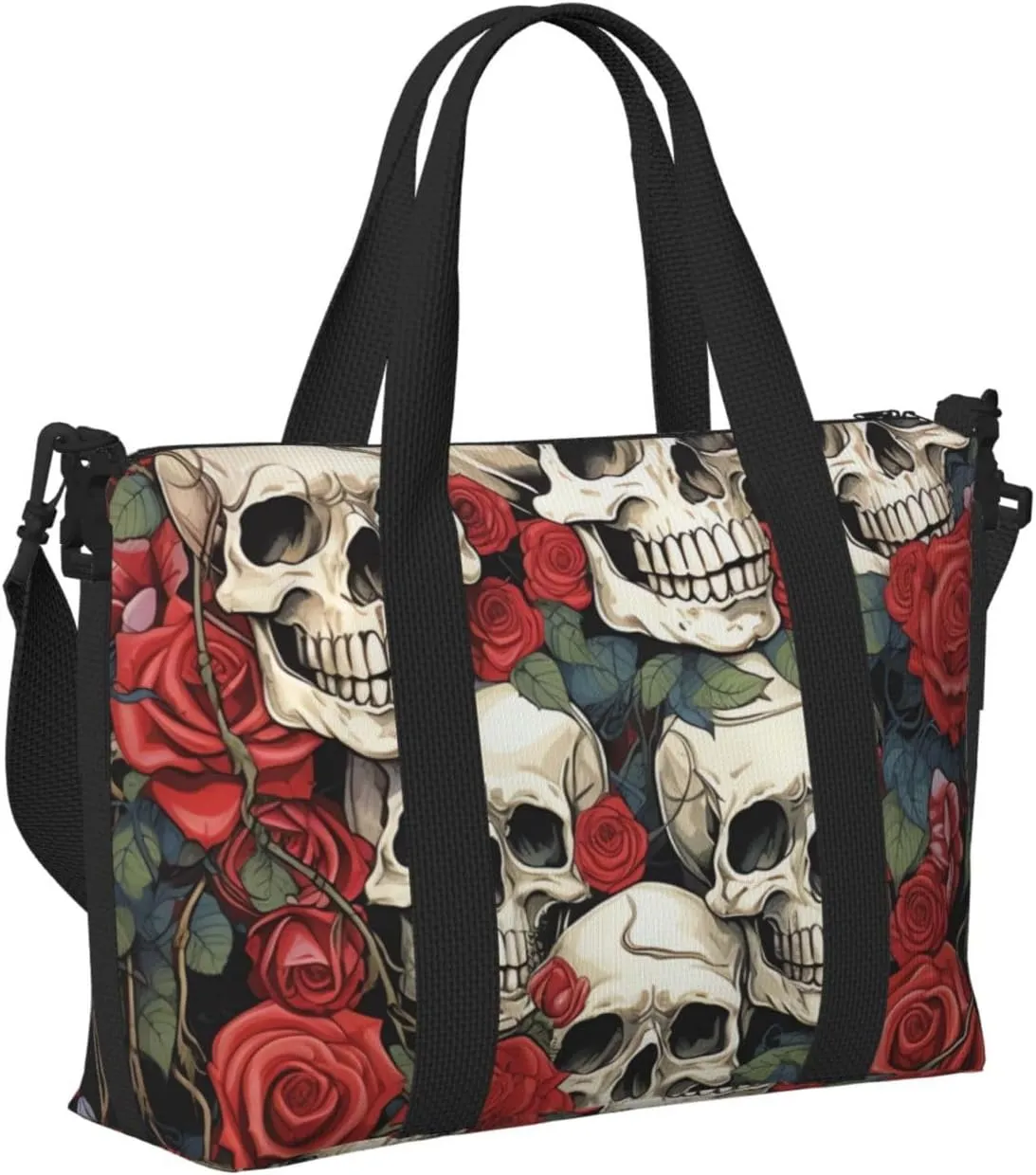 Gym Bag Cool Skull head and Roses Duffel Bag for Men Women Travel Overnight Bag with Shoe Compartment Workout Bags