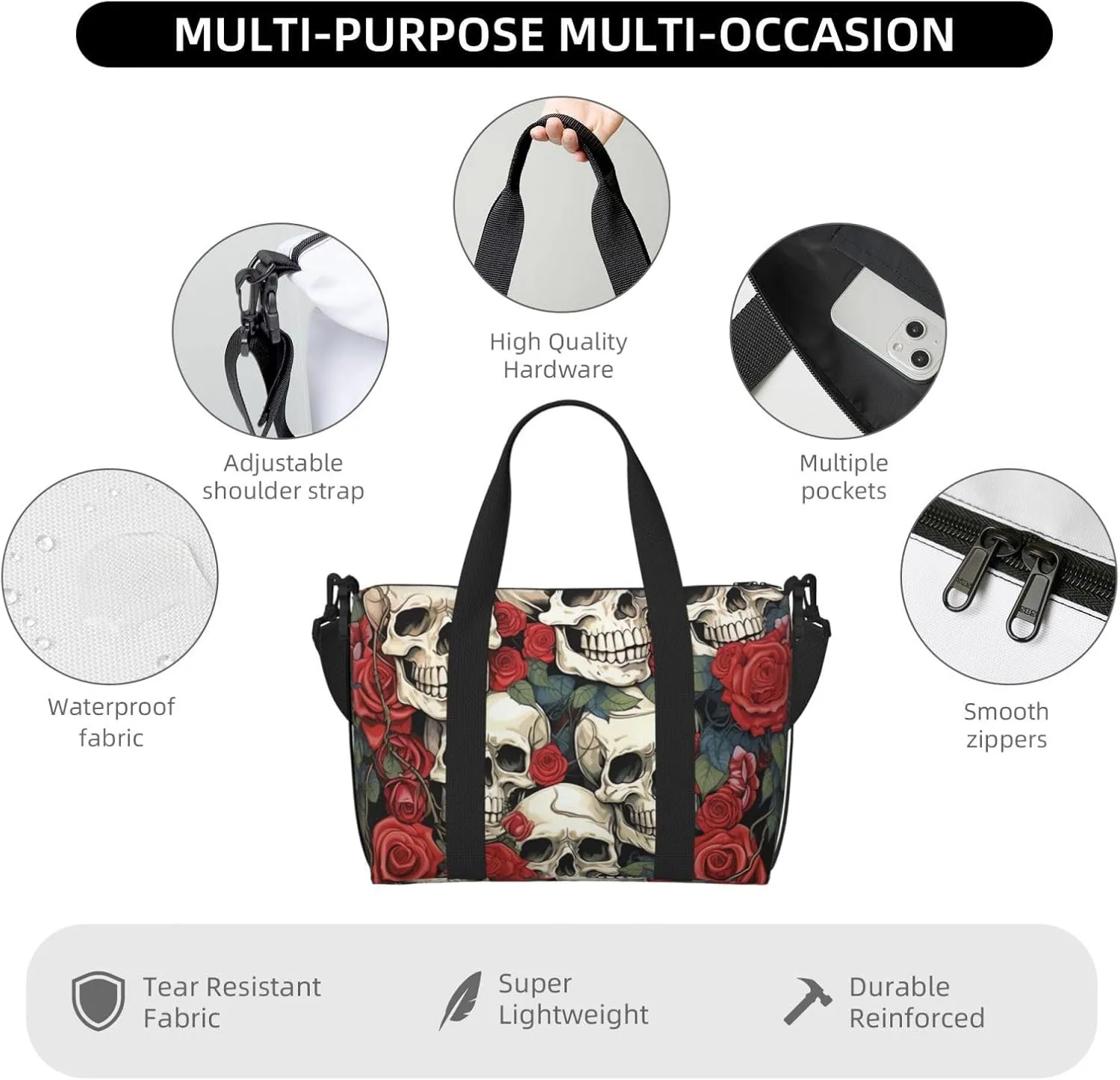 Gym Bag Cool Skull head and Roses Duffel Bag for Men Women Travel Overnight Bag with Shoe Compartment Workout Bags