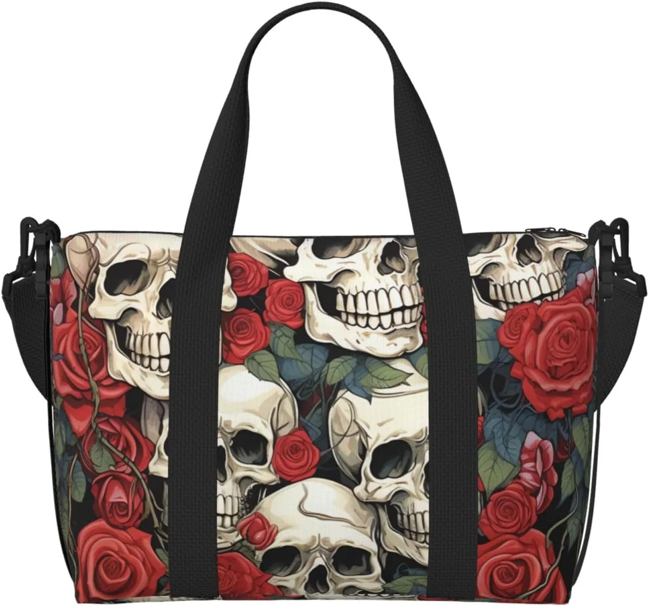 Gym Bag Cool Skull head and Roses Duffel Bag for Men Women Travel Overnight Bag with Shoe Compartment Workout Bags