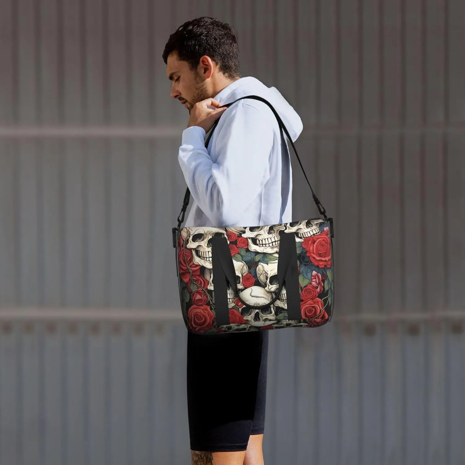 Gym Bag Cool Skull head and Roses Duffel Bag for Men Women Travel Overnight Bag with Shoe Compartment Workout Bags
