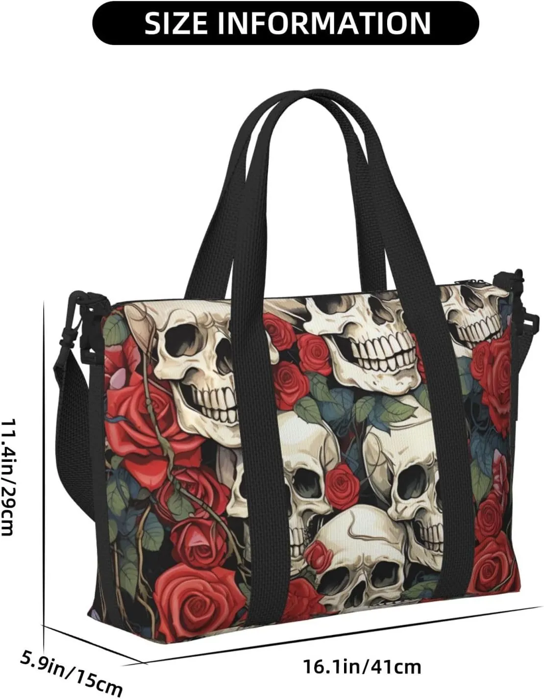 Gym Bag Cool Skull head and Roses Duffel Bag for Men Women Travel Overnight Bag with Shoe Compartment Workout Bags