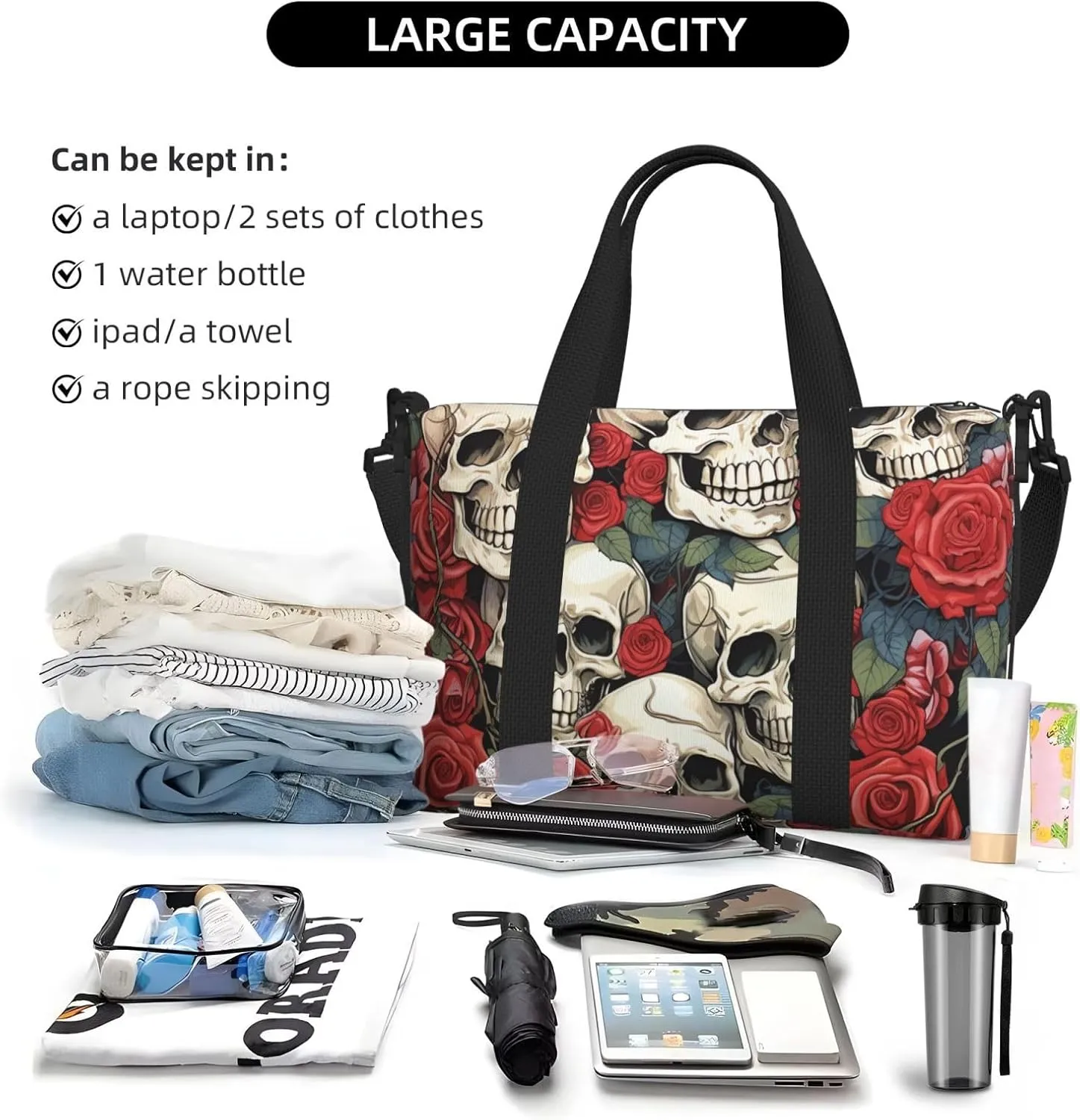 Gym Bag Cool Skull head and Roses Duffel Bag for Men Women Travel Overnight Bag with Shoe Compartment Workout Bags