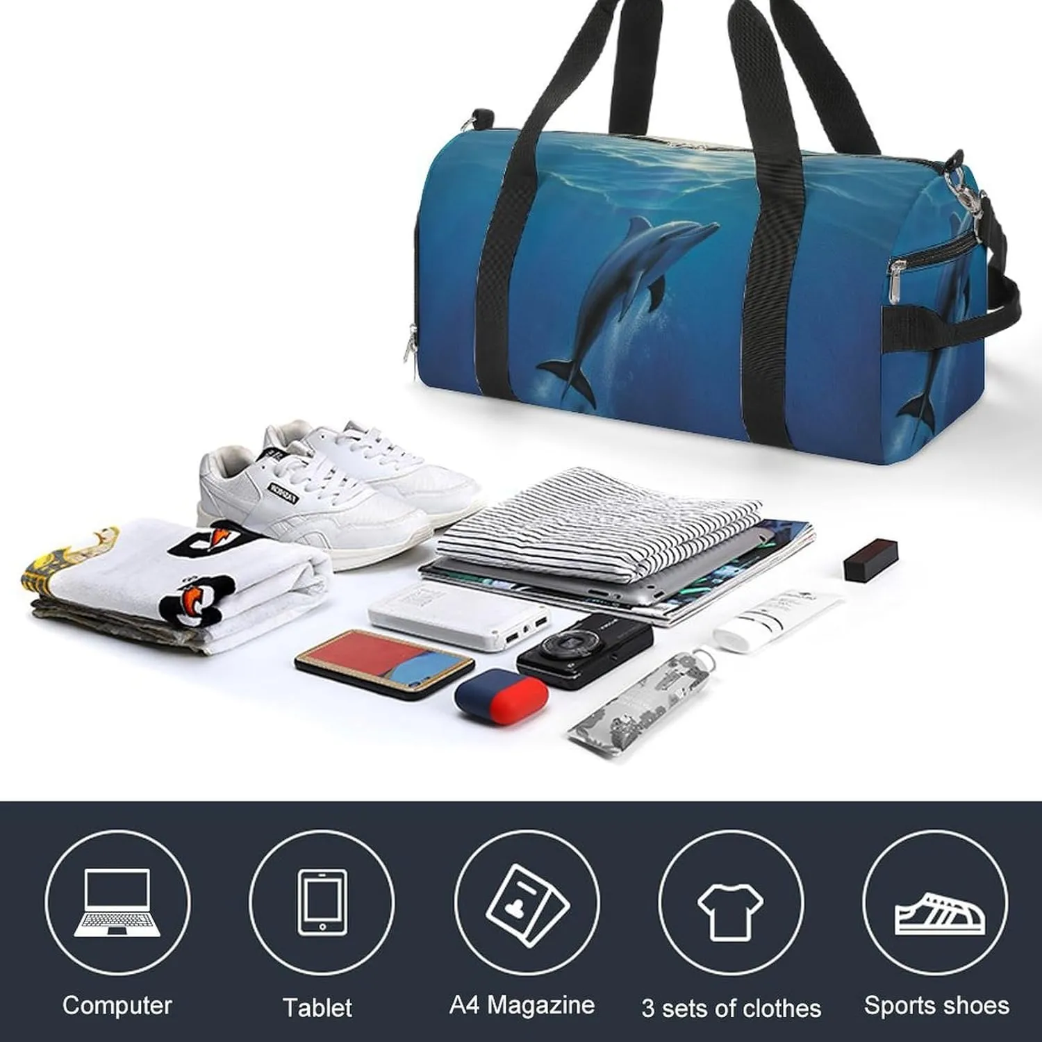 Gym Bag Dolphin In The Ocean Duffel Bag for Men Women Overnight Bag with Shoe Compartment Workout Bags