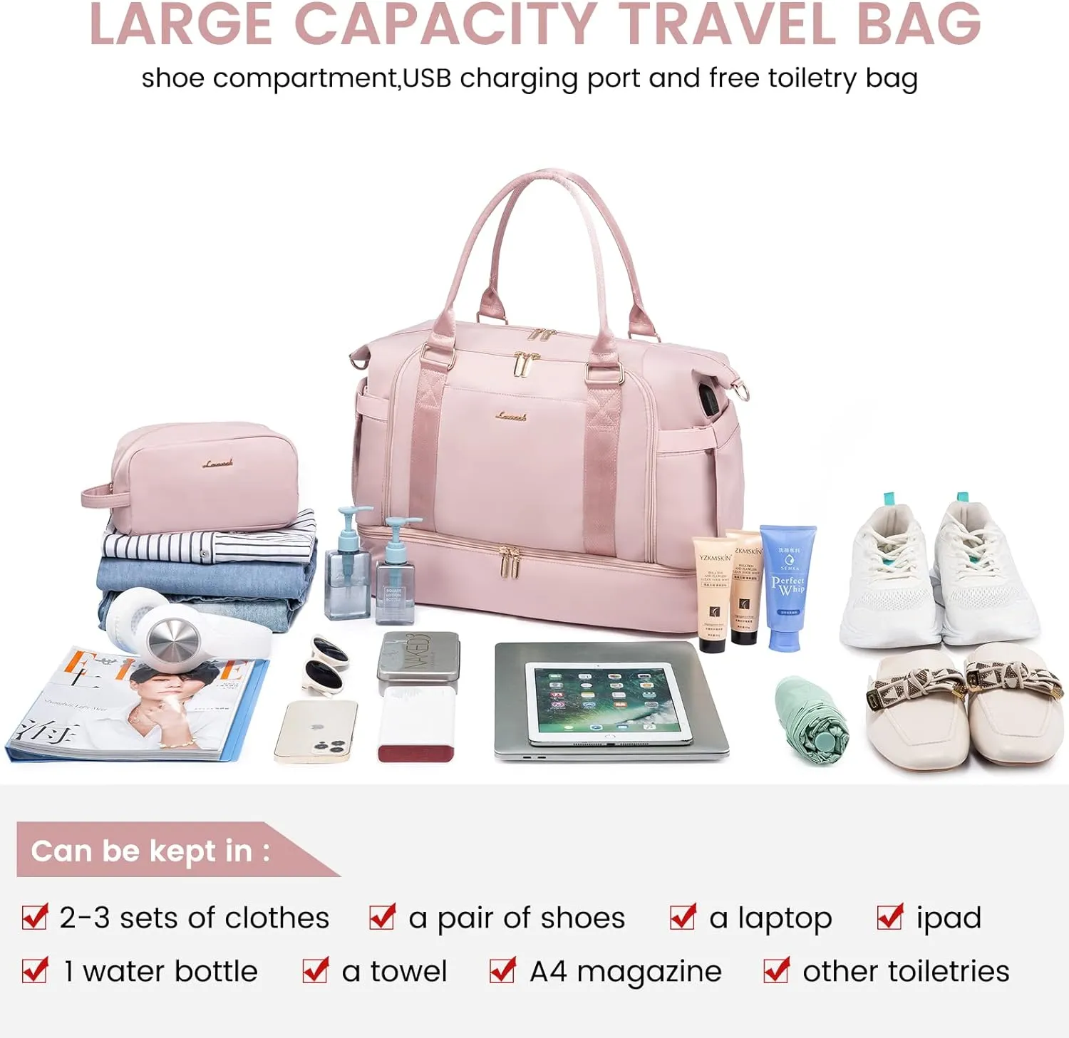 Gym Bag LOVEVOOK Travel Duffel Bag with USB Charging Port,Weekender Bags for Women with Shoe Compartment,Carry on Overnight Bag with Toiletry Bag,Hospital Bags for Labor and Deliver
