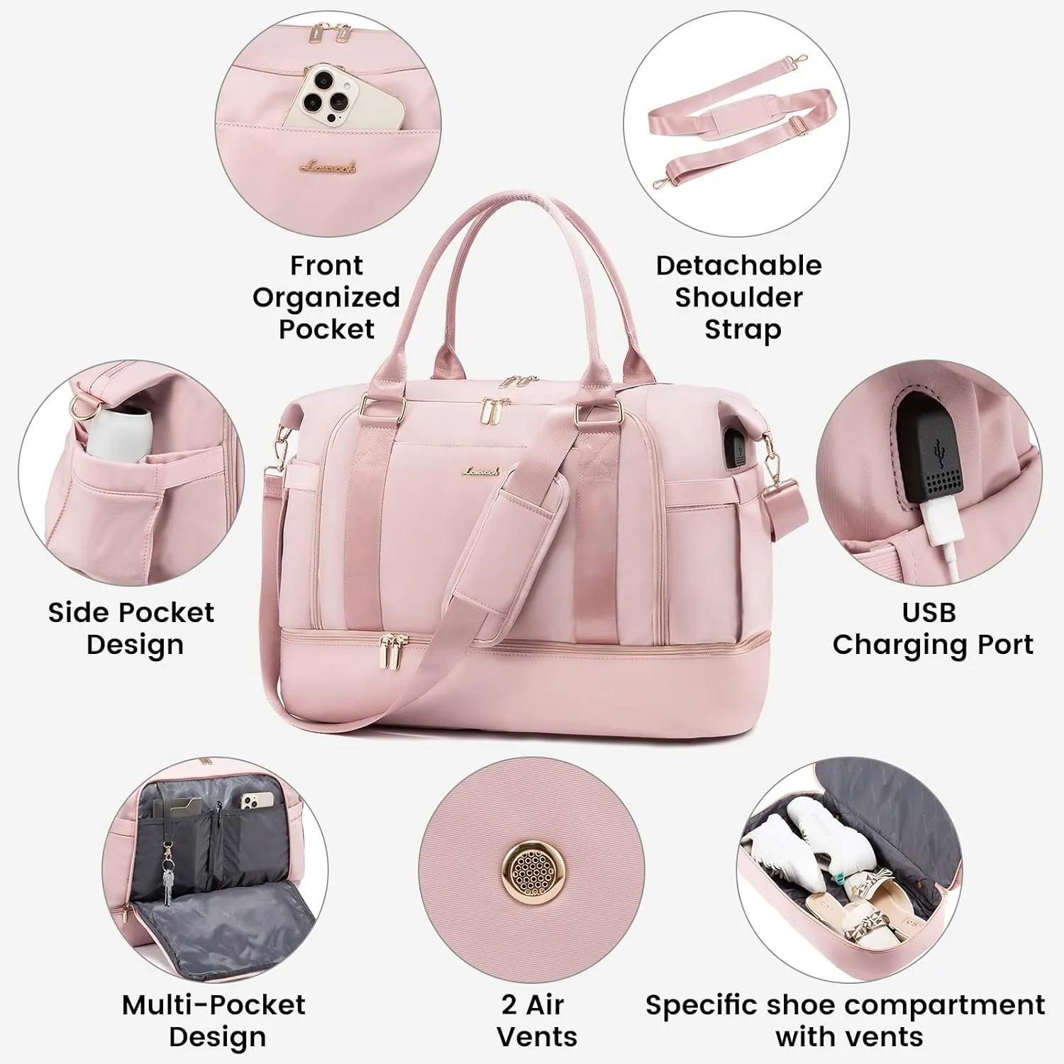 Gym Bag LOVEVOOK Travel Duffel Bag with USB Charging Port,Weekender Bags for Women with Shoe Compartment,Carry on Overnight Bag with Toiletry Bag,Hospital Bags for Labor and Deliver