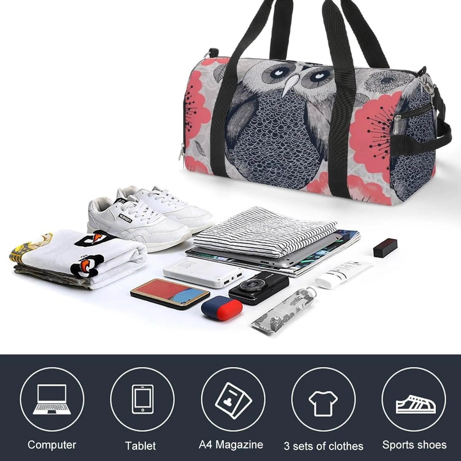 Gym Bag Owl Illustration Duffel Bag for Men Women Travel Overnight Bag with Shoe Compartment Workout Bags