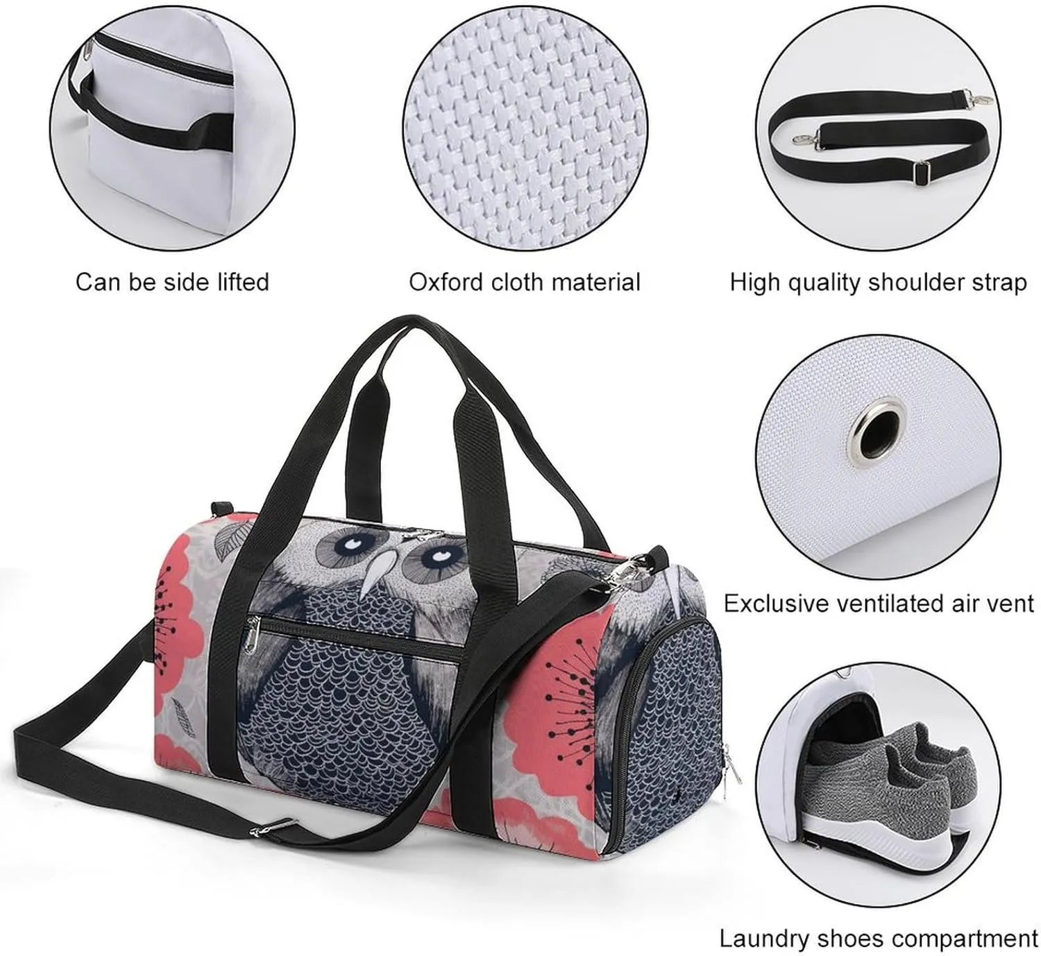 Gym Bag Owl Illustration Duffel Bag for Men Women Travel Overnight Bag with Shoe Compartment Workout Bags