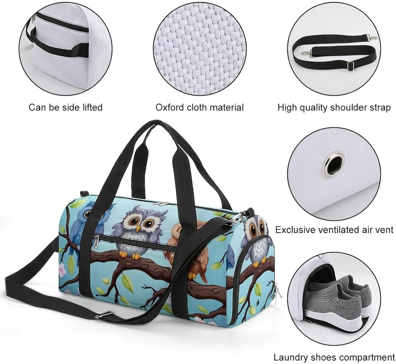 Gym Bag Owls On A Branch Duffel Bag for Men Women Overnight Bag with Shoe Compartment Workout Bags