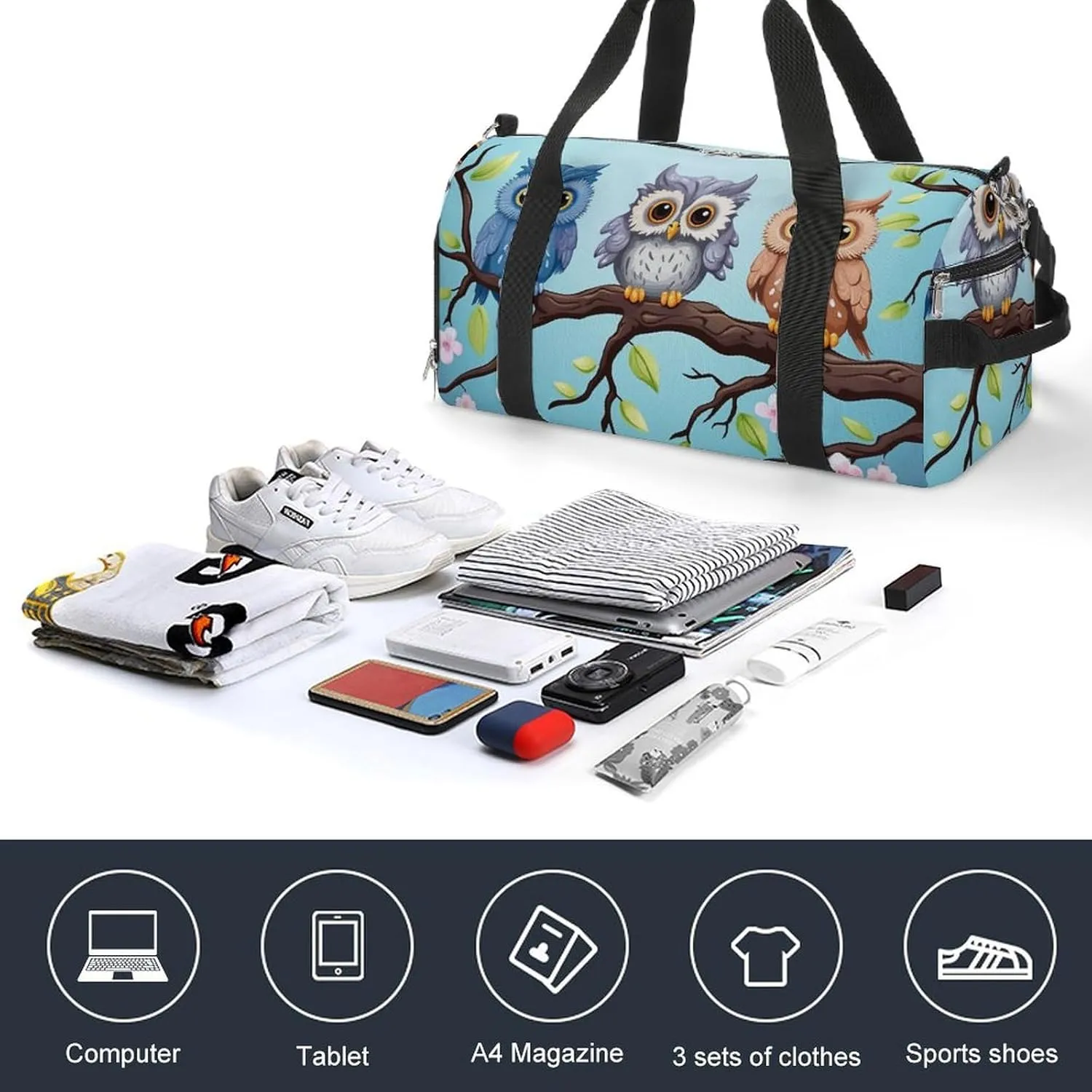 Gym Bag Owls On A Branch Duffel Bag for Men Women Overnight Bag with Shoe Compartment Workout Bags