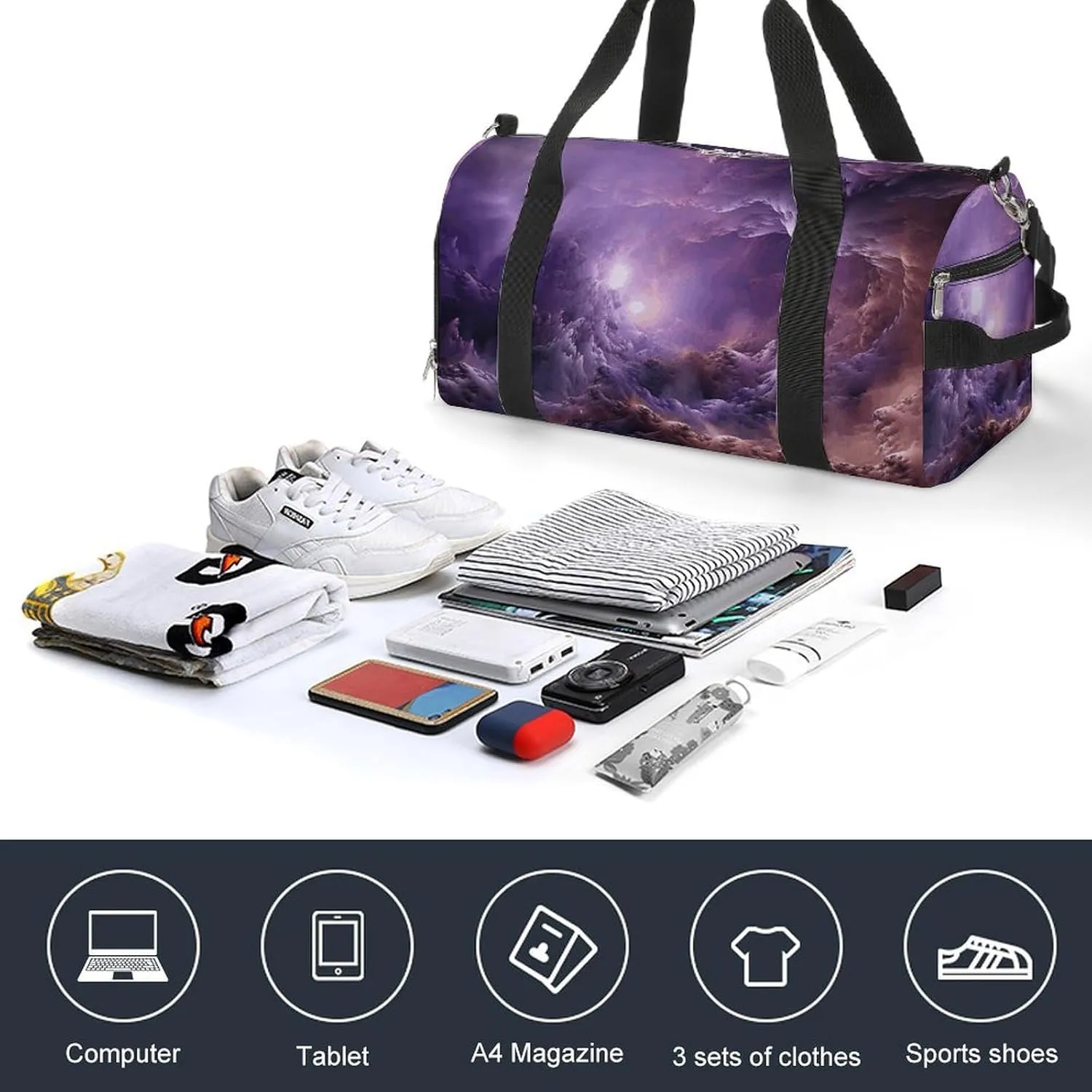 Gym Bag Purple Galaxy Duffel Bag for Men Women Travel Overnight Bag with Shoe Compartment Workout Bags