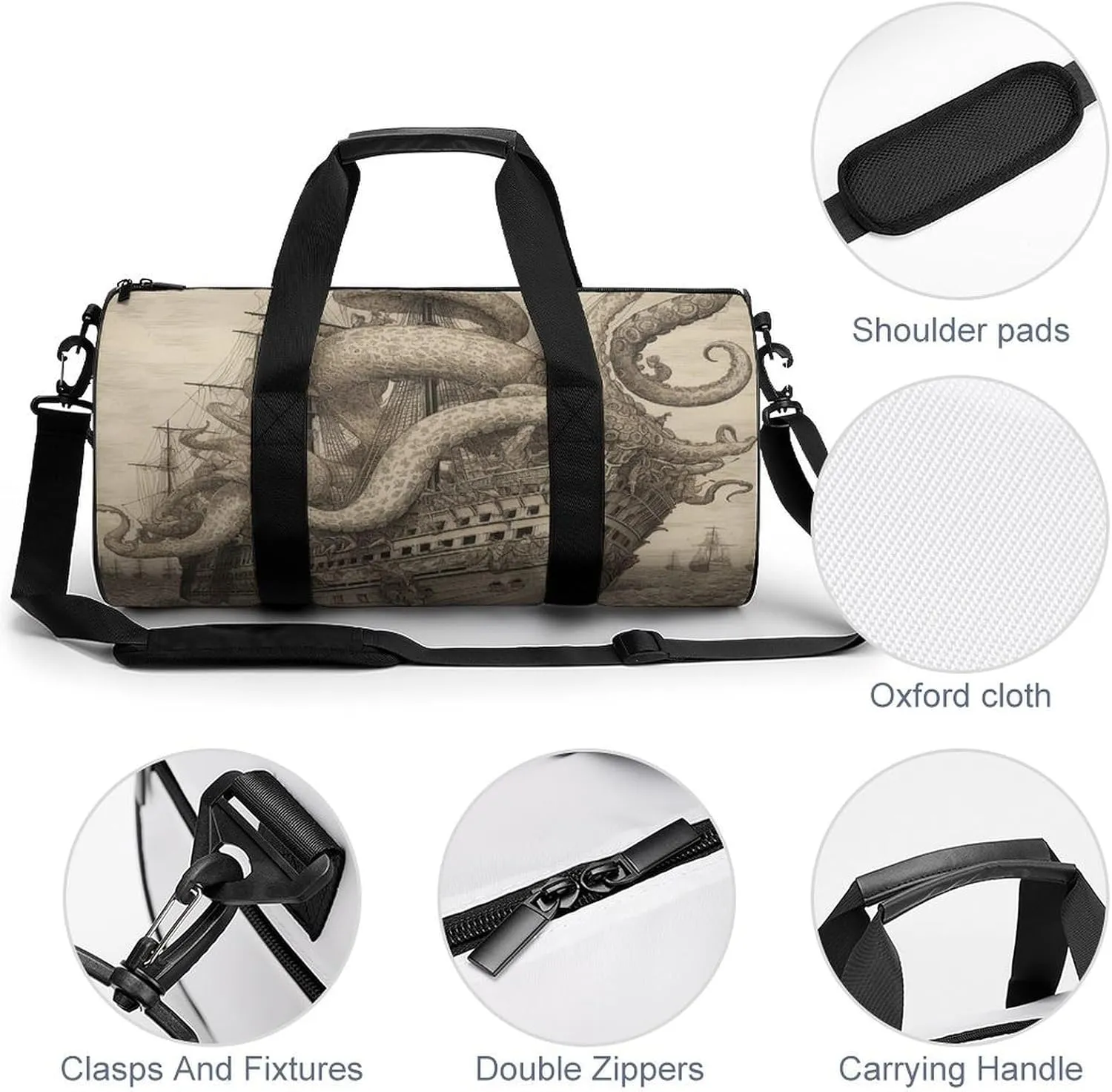 Gym Bag Sailing Pirate Octopus Duffel Bag for Men Women Overnight Bag with Shoe Compartment Workout Bags