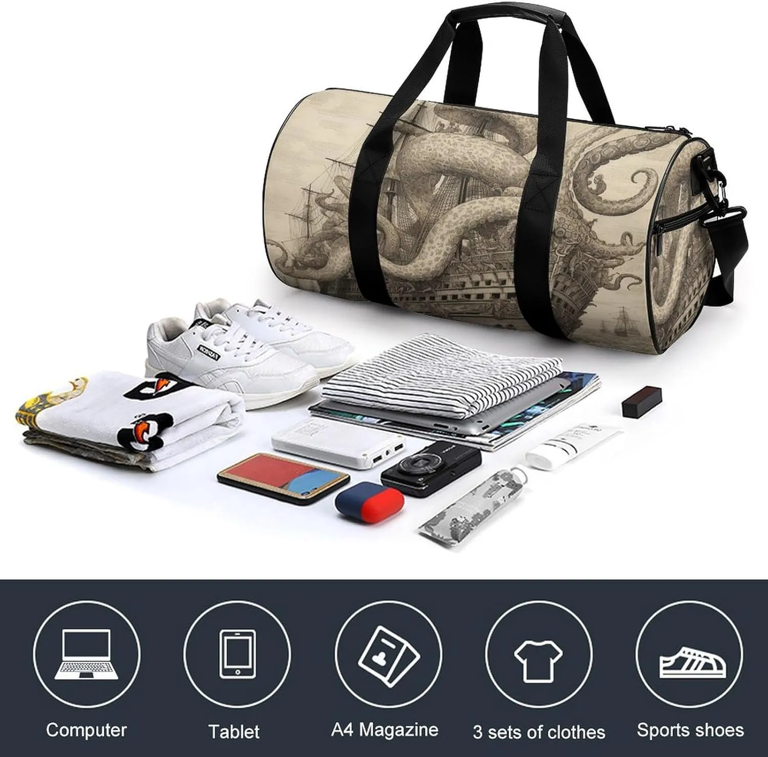 Gym Bag Sailing Pirate Octopus Duffel Bag for Men Women Overnight Bag with Shoe Compartment Workout Bags