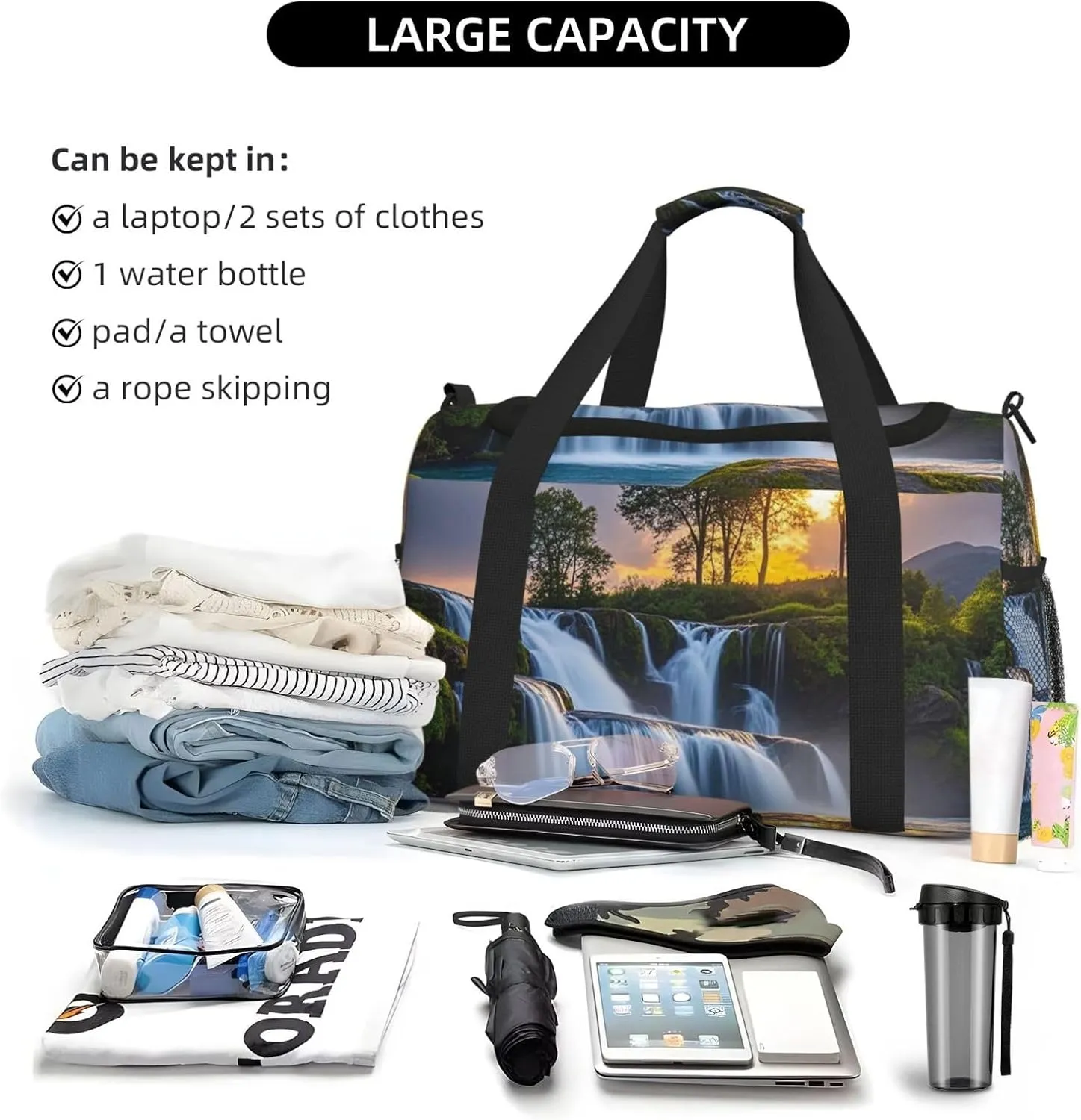 Gym Bag Waterfall at Sunset Duffel Bag for Men Women Travel Overnight Bag with Shoe Compartment Workout Bags
