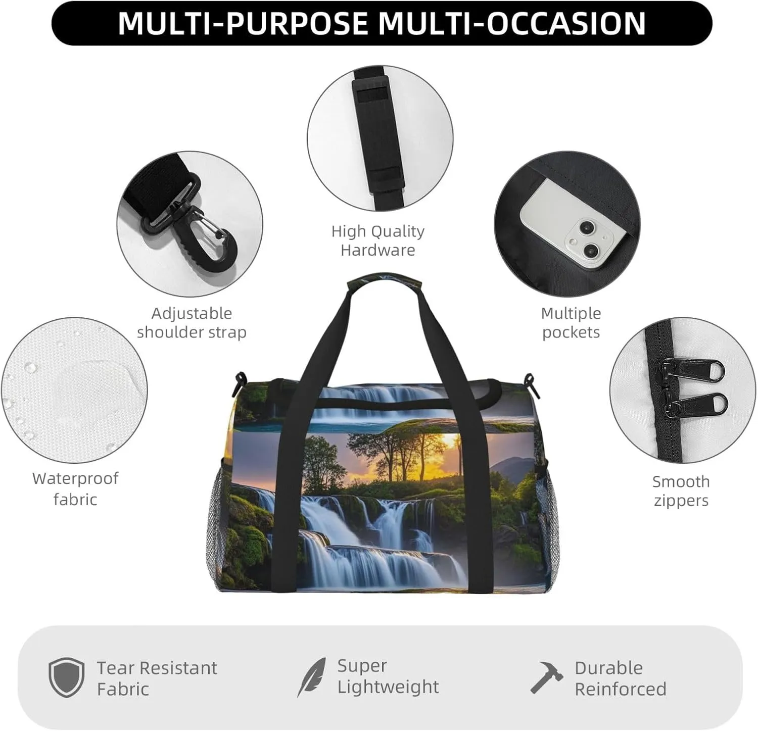 Gym Bag Waterfall at Sunset Duffel Bag for Men Women Travel Overnight Bag with Shoe Compartment Workout Bags