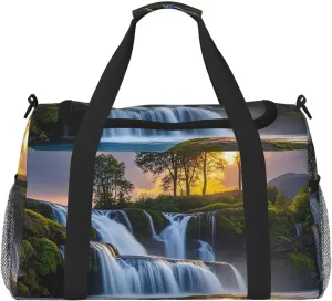 Gym Bag Waterfall at Sunset Duffel Bag for Men Women Travel Overnight Bag with Shoe Compartment Workout Bags