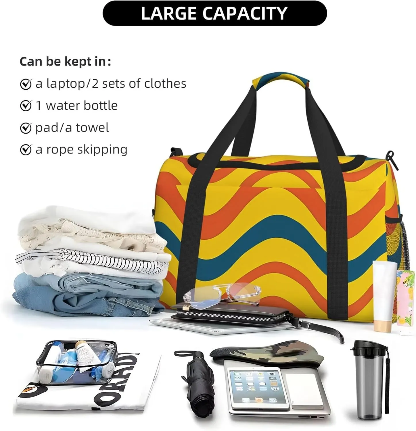 Gym Bag Wavy Stripe Line2 Duffel Bag for Men Women Travel Overnight Bag with Shoe Compartment Workout Bags