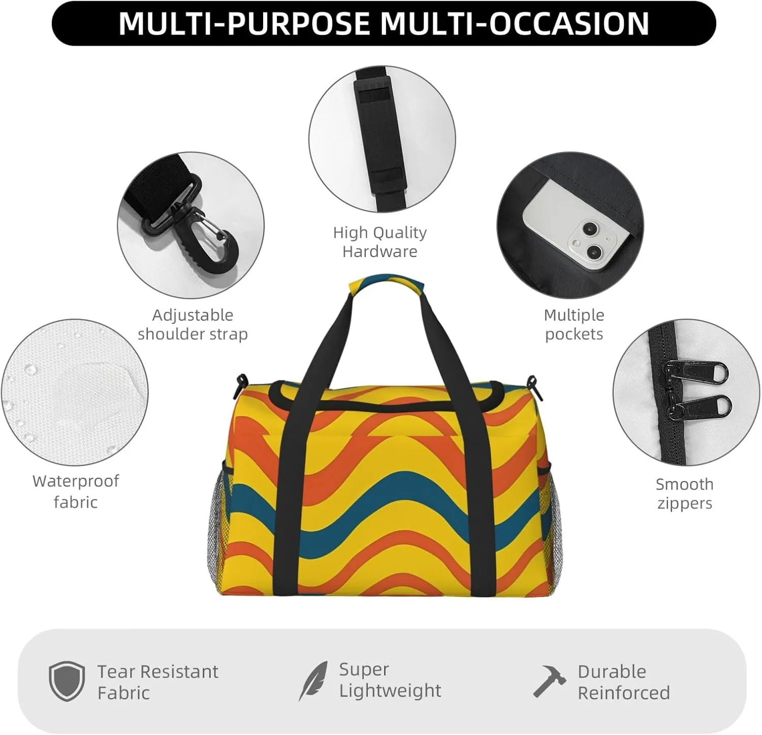Gym Bag Wavy Stripe Line2 Duffel Bag for Men Women Travel Overnight Bag with Shoe Compartment Workout Bags