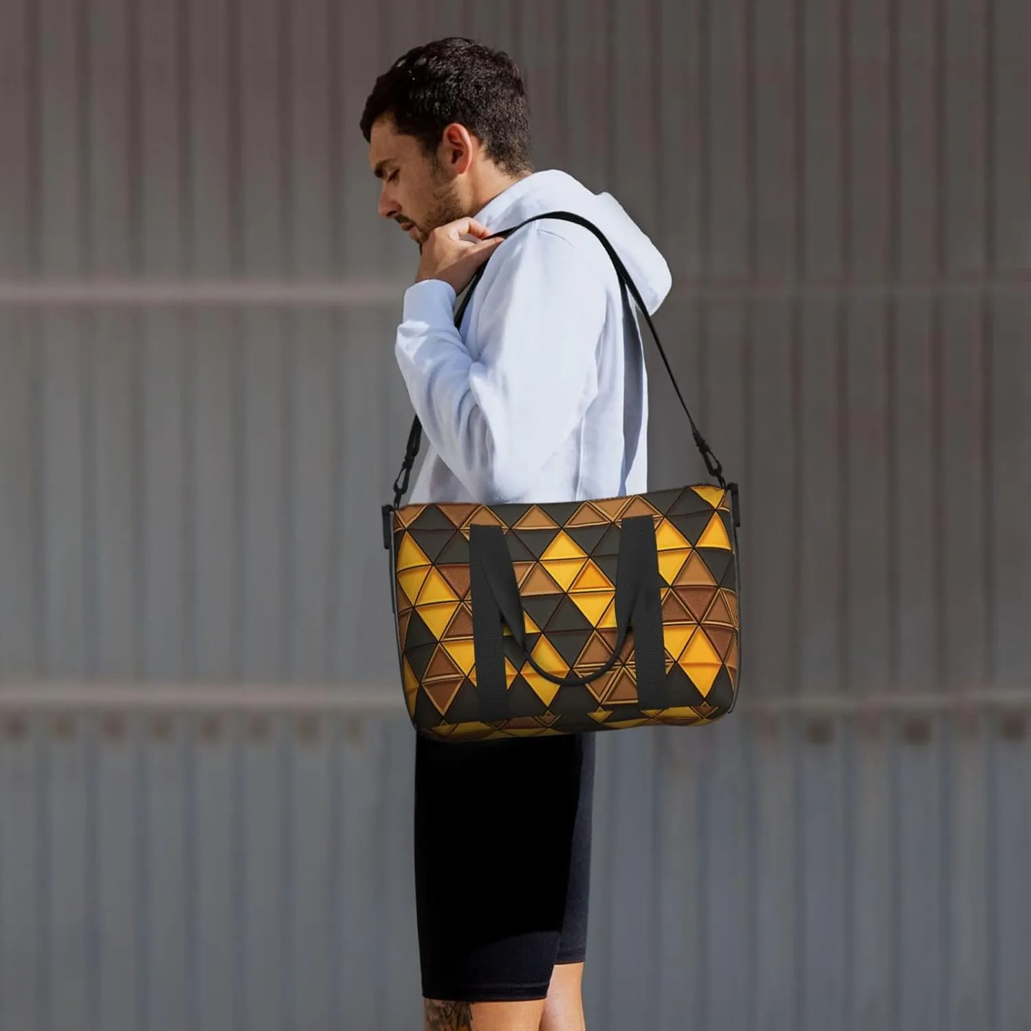 Gym Bag Yellow and Brown Triangles Duffel Bag for Men Women Travel Overnight Bag with Shoe Compartment Workout Bags