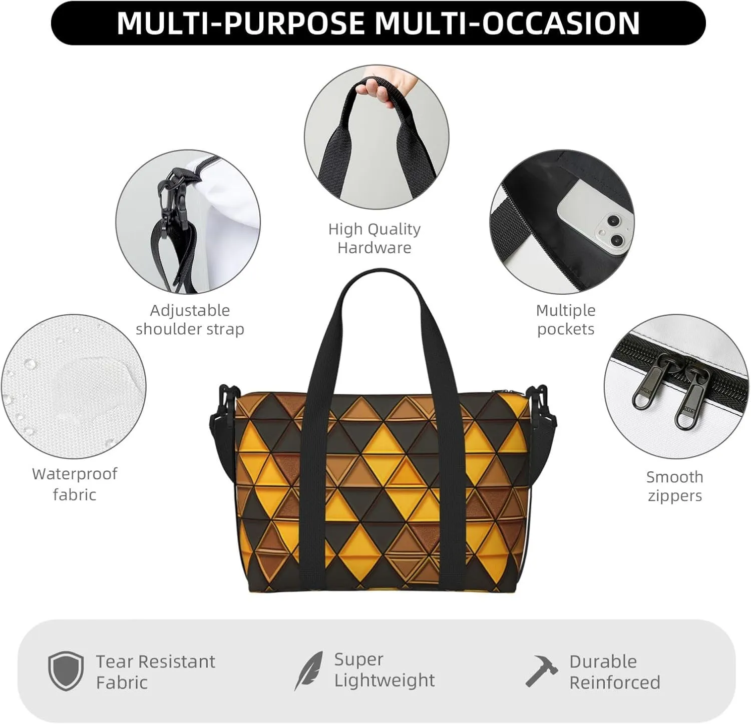 Gym Bag Yellow and Brown Triangles Duffel Bag for Men Women Travel Overnight Bag with Shoe Compartment Workout Bags
