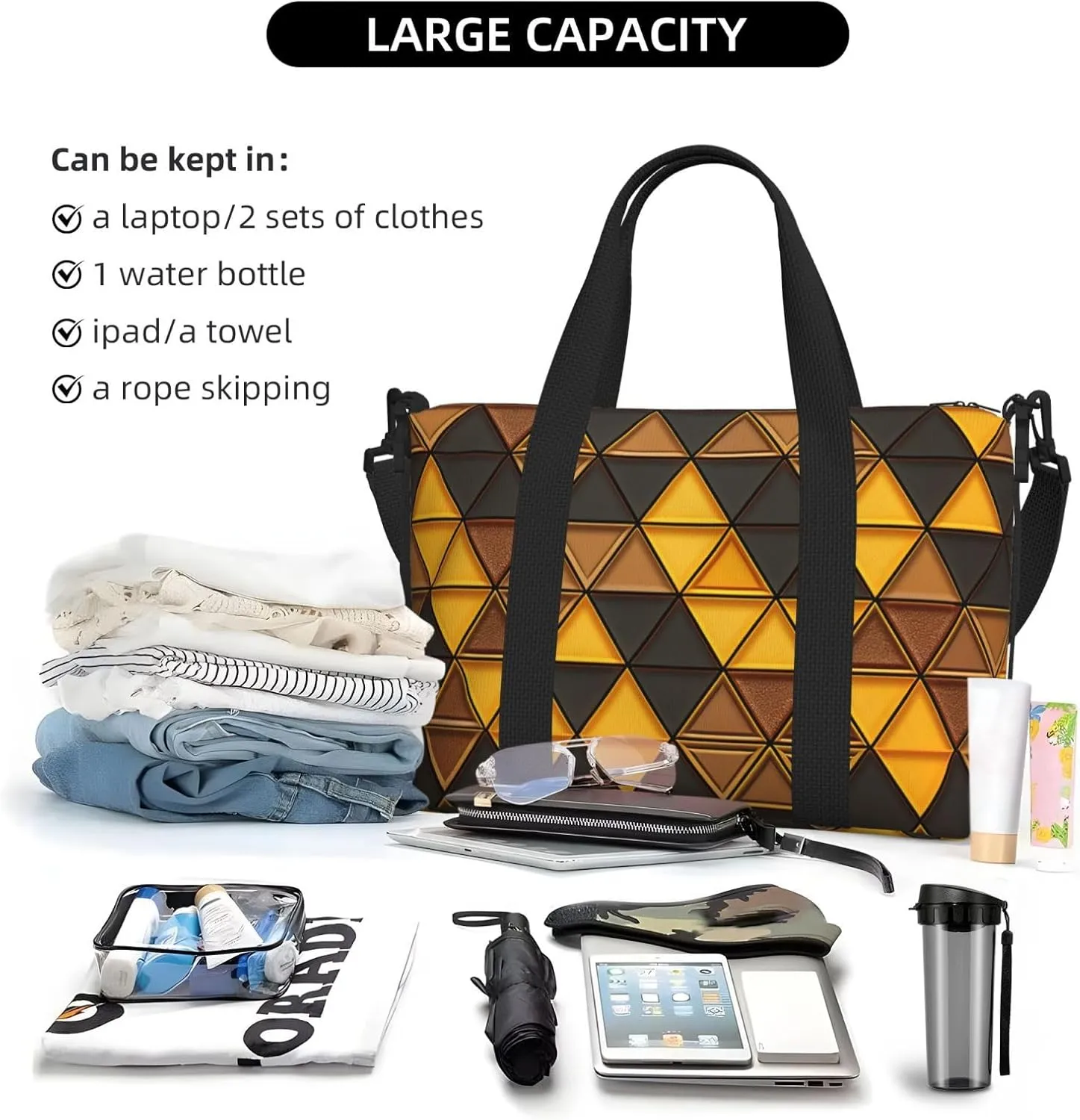 Gym Bag Yellow and Brown Triangles Duffel Bag for Men Women Travel Overnight Bag with Shoe Compartment Workout Bags