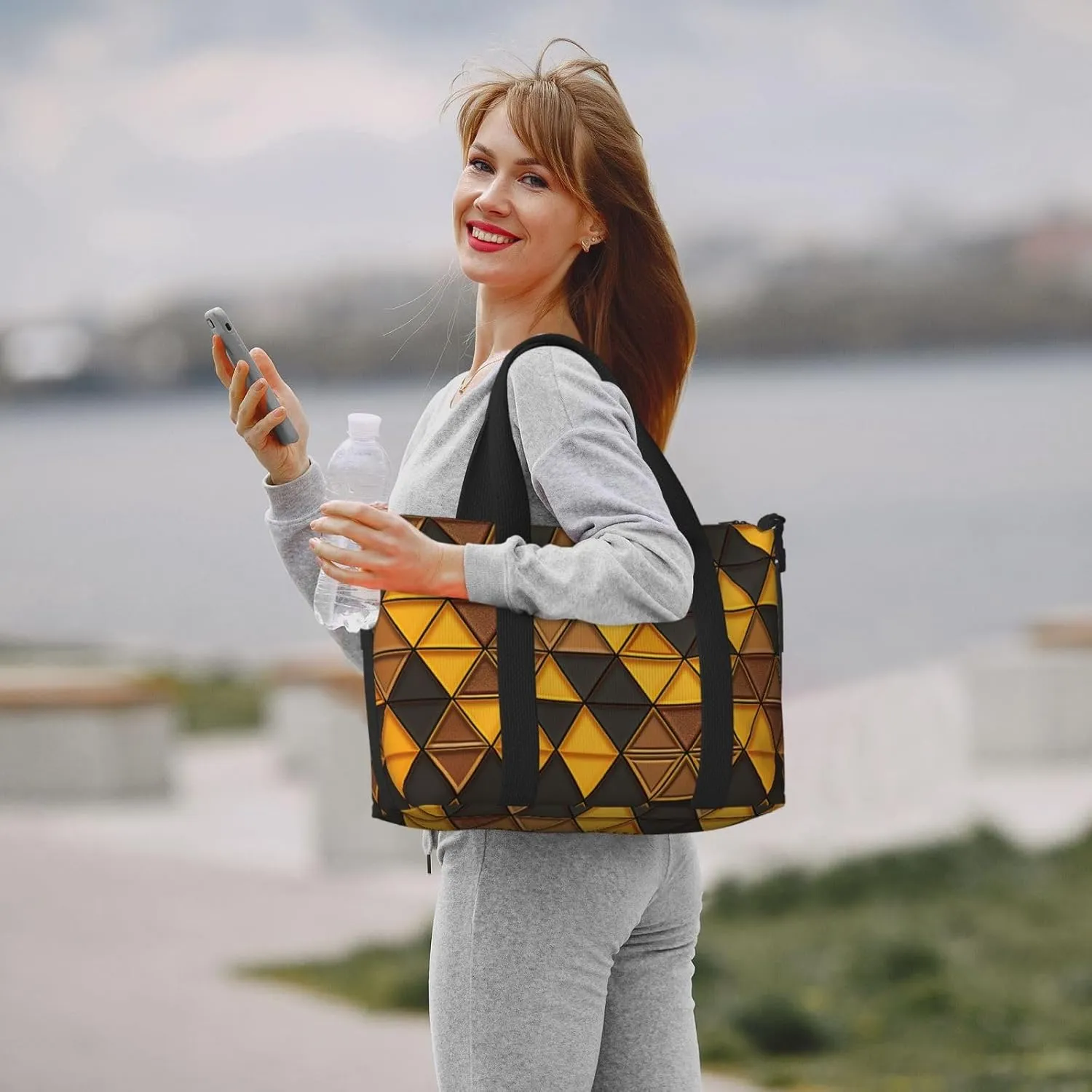 Gym Bag Yellow and Brown Triangles Duffel Bag for Men Women Travel Overnight Bag with Shoe Compartment Workout Bags