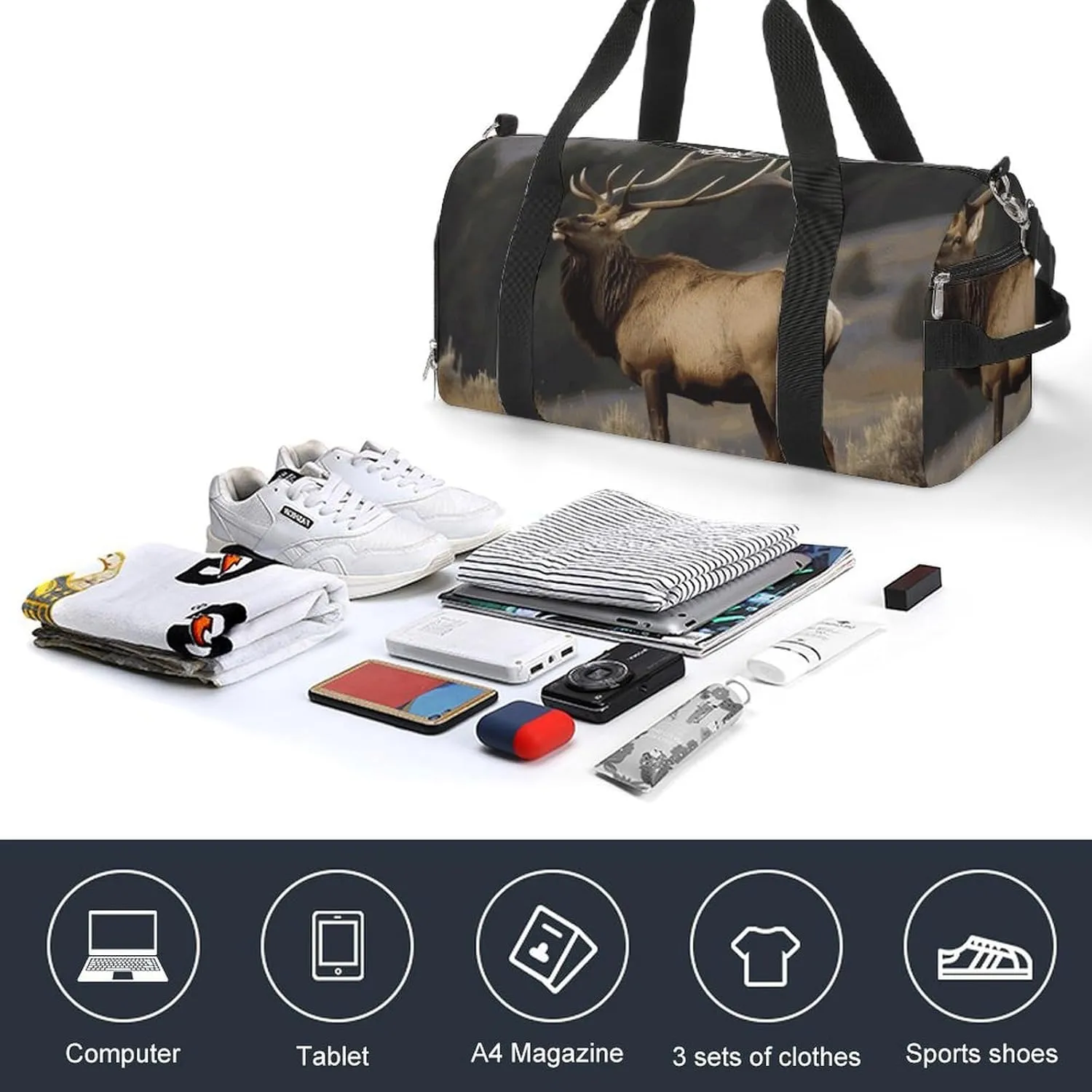 Gym Bags Small Bull Elk Duffel Bag Overnight Bag with Shoe Compartment Carryon Bag for Men Women