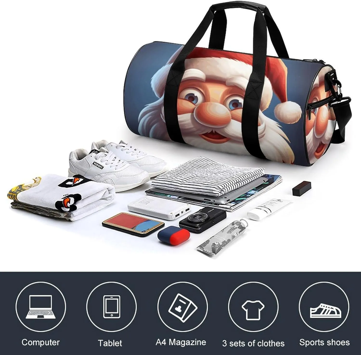 Gym Bags Small Cartoon Santa Claus Duffel Bag Overnight Bag with Shoe Compartment Carryon Bag for Men Women