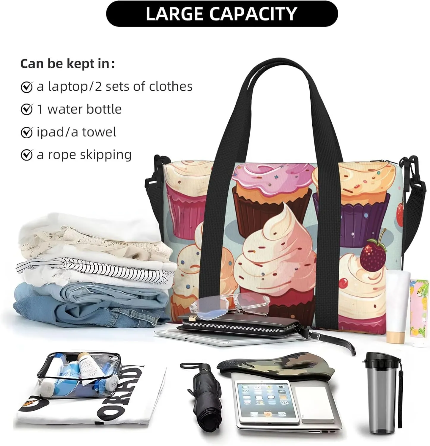 Gym Bags Small Delicious Cupcakes Duffel Bag Overnight Bag with Shoe Compartment Carryon Bag for Men Women
