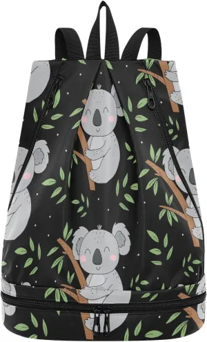 Gym Drawstring Bags Daypacks Backpack Purse Casual Knapsack Shoulder Bag Sitting Rucksack Swimming Equipment Bags Print Grey Sleeping Koala Bear on Tree Trunk Green Leaves