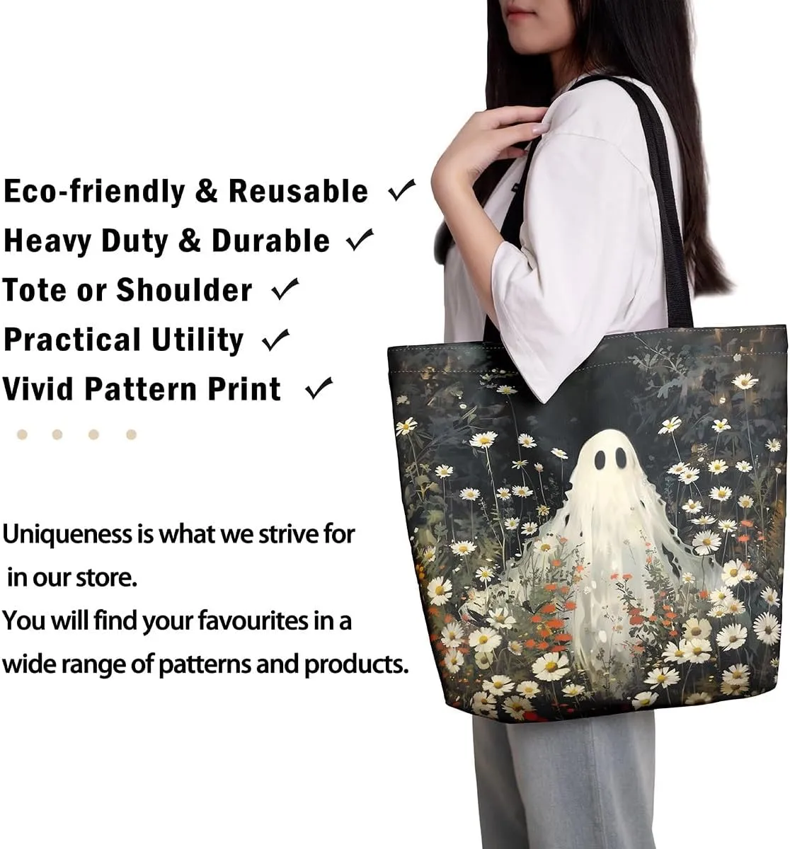 Halloween Canvas Tote Bag for Men Women Adults Cartoon Decorative Aesthetic Shoulder Handbags for Shopping Gym