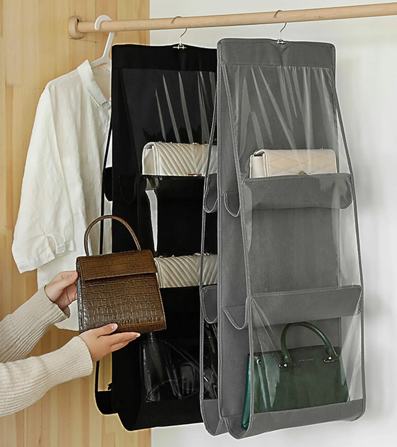 Handbag Storage Hanging Purse Organizer Bedroom Organization Dust-Proof Holder Bag for Wardrobe Closet (Black-2Pack)
