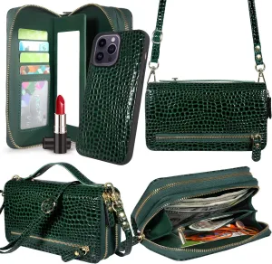 Harryshell Compatible with iPhone 14 Pro Max 6.7 inch 2022 Case Wallet Multi Zipper Detachable Magnetic Cover Purse Bag with Card Slots Mirror Crossbody Chain Wrist Strap (Crocodile Teal)