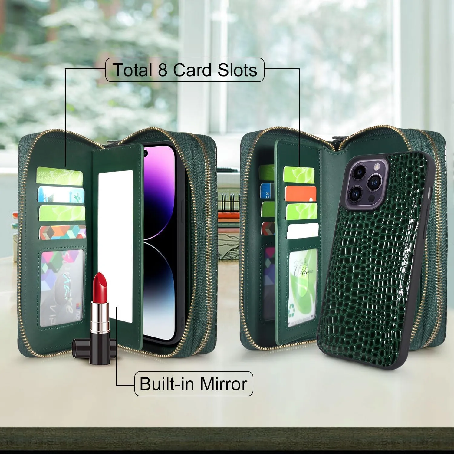 Harryshell Compatible with iPhone 14 Pro Max 6.7 inch 2022 Case Wallet Multi Zipper Detachable Magnetic Cover Purse Bag with Card Slots Mirror Crossbody Chain Wrist Strap (Crocodile Teal)