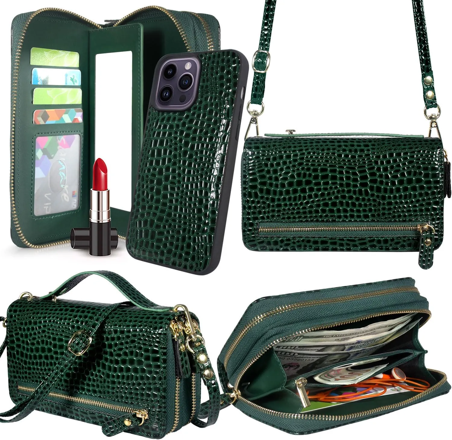 Harryshell Compatible with iPhone 14 Pro Max 6.7 inch 2022 Case Wallet Multi Zipper Detachable Magnetic Cover Purse Bag with Card Slots Mirror Crossbody Chain Wrist Strap (Crocodile Teal)