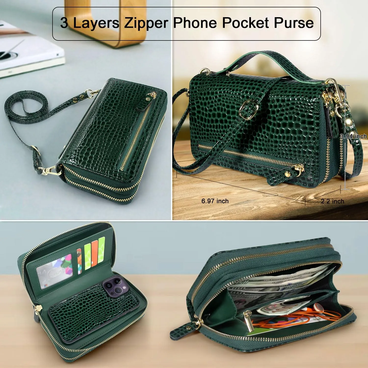 Harryshell Compatible with iPhone 14 Pro Max 6.7 inch 2022 Case Wallet Multi Zipper Detachable Magnetic Cover Purse Bag with Card Slots Mirror Crossbody Chain Wrist Strap (Crocodile Teal)
